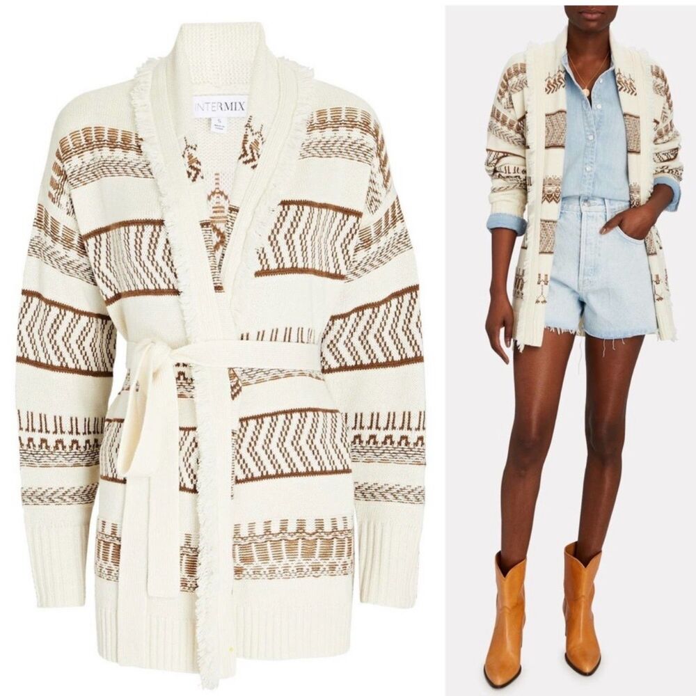 INTERMIX Rumor Wool Cashmere Fair Isle Cardigan Sweater Fringe Belted S
